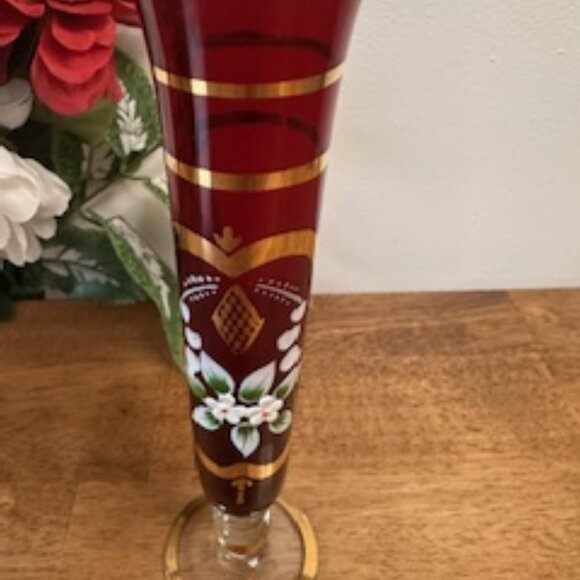 Vintage Red Gold Enameled Vase Hand Painted Floral Bohemian Czech Style Glass De - Picture 3 of 5